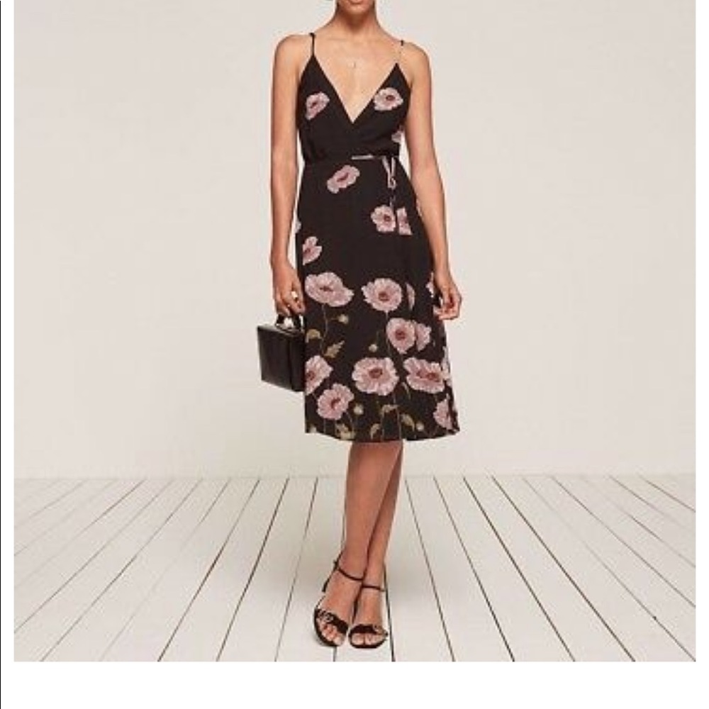 Reformation Wrap Black Floral Design Temple Dress (Small)